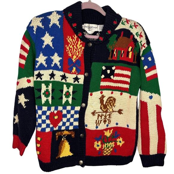 The Eagle's Eye Vintage Sweater Size Small Hand Knit Patriotic Cardigan Cottage - Picture 1 of 7